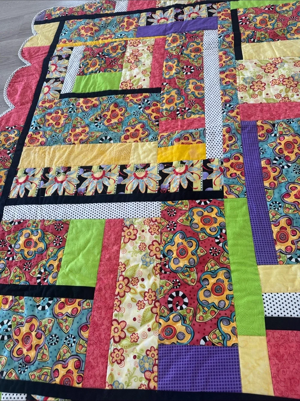 Handmade Patchwork Floral Quilt Size 43x52 inches Bright Colorful Polka Dots
